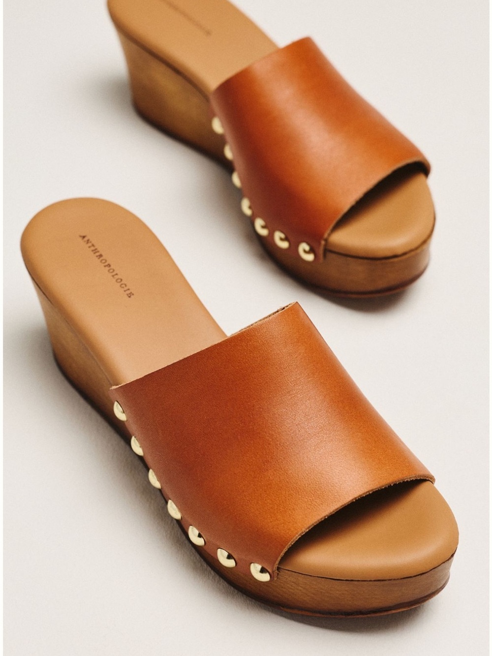 Anthropologie Cognac Leather Wedge Slide with Gold Studs